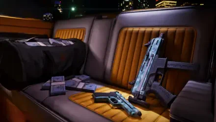Grand Theft Auto VI 4K PC wallpaper: backseat of a car scattered with cash bundles and two guns, neon city lights through the windows — video game Grand Theft Auto scene