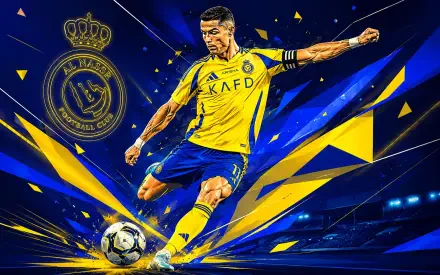4K Ultra HD PC desktop wallpaper of a soccer player (identity not provided) in Al Nassr yellow kit striking a shot against a dynamic blue-and-yellow graphic background with club crest.