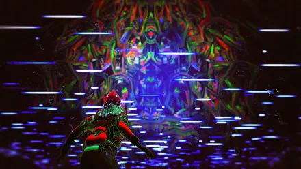 4K Ultra HD PC desktop wallpaper from the video game ETRE: neon, psychedelic abstract scene of a figure reaching toward a glowing kaleidoscopic face amid horizontal light streaks.