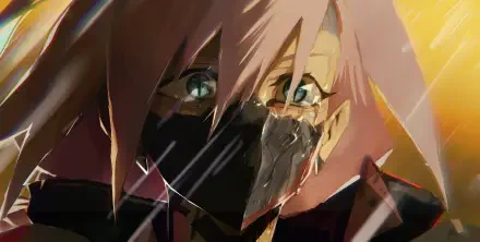 Edgerunners 2 cyberpunk anime 2K Quad HD desktop wallpaper: masked pink‑haired character with a cracked visor, teary eye and rain-slashed face against neon backlight.