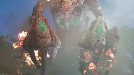 4K Ultra HD PC wallpaper from the video game Final Fantasy VII Revelation: colossal molten monster with twin green cores and flaming claws looming through smoke.