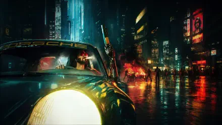 Cyberpunk 2077 4K Ultra HD PC wallpaper: Porsche 911 Turbo with headlight blazing on a rain-slick neon street, armed figure at the door, towering futuristic city and reflections.