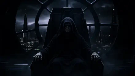 4K Ultra HD PC desktop wallpaper: Emperor Palpatine, hooded and shadowed, seated on a looming throne amid a dark, villainous cityscape.