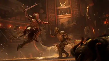 HD PC desktop wallpaper/background from the video game Resonance: A Plague Tale Legacy — two Spartan warriors clash in a fiery arena, one leaping with sword, the other bracing a shield.