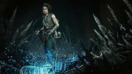 HD PC wallpaper showing a woman warrior game character from the video game Resonance: A Plague Tale Legacy, standing among glowing blue sigils and jagged black crystals.