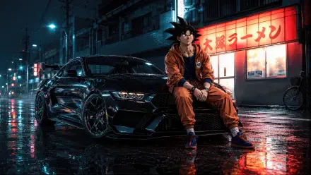 Goku (Anime) in his orange gi sits on the hood of a black sports car on a neon, rain-slick street — 4K Ultra HD PC desktop wallpaper and background.