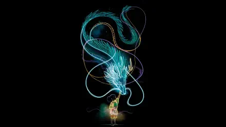 Haku (Spirited Away) as a glowing teal-and-gold dragon coiling above a small figure, anime 5K Ultra HD PC desktop wallpaper and background on a black backdrop.