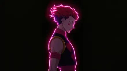 Hisoka (Hunter × Hunter) side profile with glowing neon-pink aura and red hair against a black backdrop — 5K Ultra HD PC desktop wallpaper.
