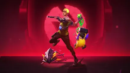 HD PC desktop wallpaper: Valorant agent Gekko lunging with a shotgun, neon-green companion creatures and a stylized helmet before a glowing red moon backdrop.