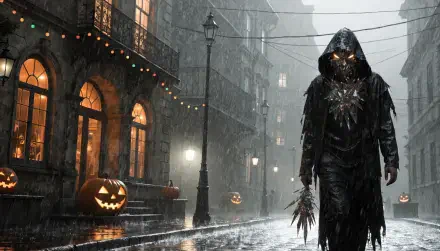 2K Quad HD PC desktop wallpaper background: scary Halloween reaper with glowing eyes and scythe‑like claws stalks a rain‑slick city street past jack‑o'‑lanterns in moody horror style.