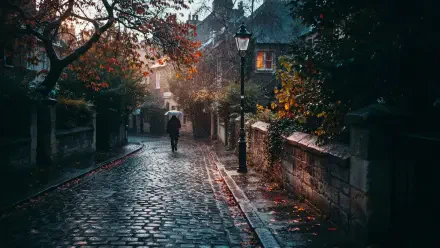 Rainy fall cobblestone alley street at dusk with a lone figure under an umbrella; warm lamp light and wet reflections — 2K Quad HD PC desktop wallpaper/background.