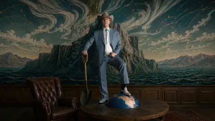 Digger — suited man in a cowboy hat holding a shovel, standing on a globe before a dramatic painted landscape; 4K Ultra HD PC Desktop Wallpaper and Background.