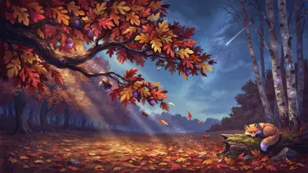 2K Quad HD PC wallpaper — autumn fall aesthetic: a tree's red-orange leaves form a canopy over a leaf-strewn forest clearing beneath a soft twilight sky.