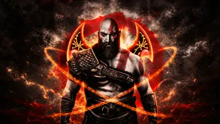 Kratos (God of War) digital art 4K Ultra HD PC desktop wallpaper: bearded, tattooed warrior with glowing crimson axe amid a fiery, smoky background.