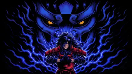 Madara Uchiha from Naruto, hands clasped in red armor as blue chakra swirls into a demonic mask silhouette behind him — vibrant 4K Ultra HD PC desktop wallpaper.