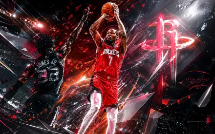 4K Ultra HD PC desktop wallpaper of a basketball player in a Houston Rockets jersey soaring for a dunk amid red neon shards and a glowing Rockets logo — NBA action.