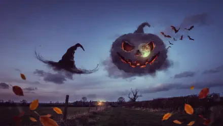 2K Quad HD PC desktop wallpaper: Halloween aesthetic with a floating pumpkin jack-o'-lantern face in a stormy sky, bats and falling leaves above a lonely fence.