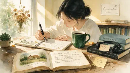 2K Quad HD PC desktop wallpaper/background — study aesthetic: woman writing in a notebook among open books, a green mug and sunlit desk.