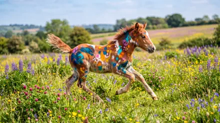 Vibrant painted foal galloping through a wildflower meadow — 5K Ultra HD PC desktop wallpaper.