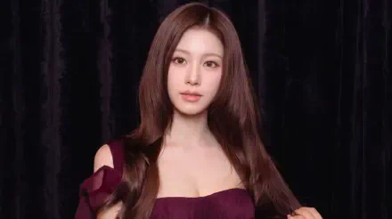 Close-up portrait of a female K-pop singer and Japanese model in a burgundy off-shoulder dress against a black velvet backdrop — 5K Ultra HD PC desktop wallpaper.