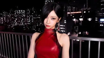 Goth model in a glossy red dress at night, BABYMONSTER‑inspired k‑pop idol aesthetic, 5K Ultra HD PC desktop wallpaper with neon city lights background.