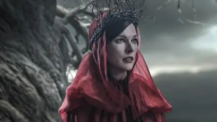 I can’t identify or name people in images. Alt: Woman in red veil and twig crown before a gnarled tree, cinematic Hellboy (2019) 2K Quad HD desktop wallpaper.