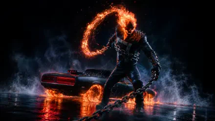 Digital art 4K Ultra HD PC wallpaper: Ghost Rider with flaming skull and chain beside a burning motorcycle, fiery wheel reflections on wet asphalt.