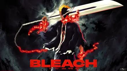 Anime wallpaper: Ichigo Kurosaki from Bleach: Thousand-Year Blood War in bankai, red spiritual flames coiling his oversized sword — 5K Ultra HD PC desktop background.