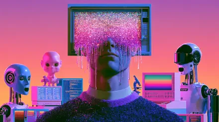 Sci-fi artistic 2K Quad HD PC desktop wallpaper: a humanoid with a glitching TV head spilling pink static, flanked by neon Android robots and retro computer rigs.