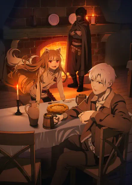 Spice and Wolf's Holo and a companion share a warm tavern meal by candlelight — anime couple; 2K Quad HD PC desktop wallpaper/background.
