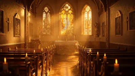 Gilded chapel interior with stained-glass windows, rows of wooden pews and altar bathed in golden light — 4K Ultra HD PC desktop wallpaper background.