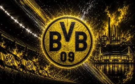 Bold 4K Ultra HD PC Borussia Dortmund wallpaper: glowing BVB 09 crest over dramatic yellow-and-black stadium and cityscape, soccer sports-themed desktop background.