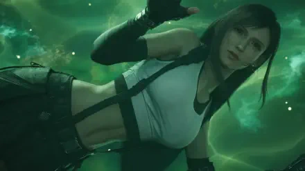 Tifa Lockhart from Final Fantasy VII Rebirth reclining amid swirling green mist — high-detail 4K Ultra HD PC desktop wallpaper and background.
