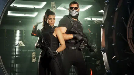 Grand Theft Auto VI 4K Ultra HD PC wallpaper: Jason and Lucia in tactical gear, back-to-back with guns inside a bank vault as cash floats — Grand Theft Auto video game scene.