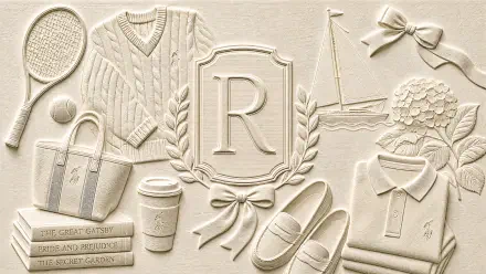 4K Ultra HD PC desktop wallpaper: embossed preppy vignette with monogram R crest, cable sweater, collared shirt, loafers, tote, tennis racket, bow and gift elements.