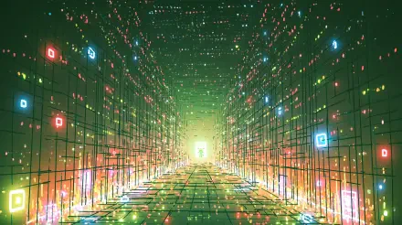 Futuristic neon technology tunnel with glowing digital grid, floating icons and a bright vanishing point — 2K Quad HD PC desktop wallpaper/background.