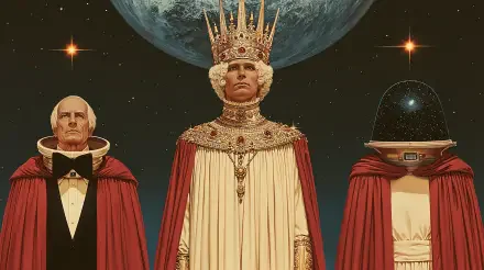 Sci-fi royalty: crowned king in ornate robes flanked by two cloaked figures, one wearing a space helmet, against a planet and starfield — 2K Quad HD PC desktop wallpaper.