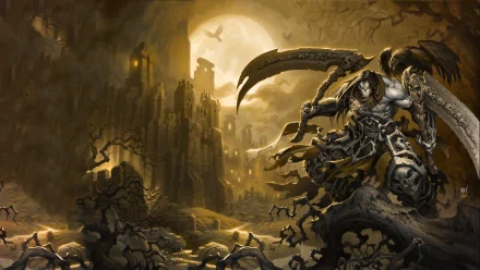 A dark fantasy scene from Darksiders II featuring the grim reaper, Ruin, set against a haunting landscape with a massive moon and shadowy ruins in the background.