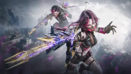 Once Human (video game): two cyberpunk fighters with glowing energy blades leap over a ruined cityscape amid purple-blue sparks and mist. 5K Ultra HD PC Desktop Wallpaper and Background.