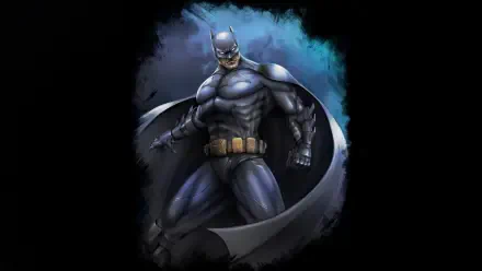5K Ultra HD digital art desktop wallpaper of Batman, the superhero, posed in armored suit with cape and utility belt against a moody blue-black background.