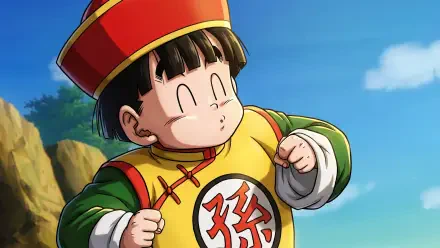 HD PC desktop wallpaper: Dragon Ball Z anime of Gohan (Dragon Ball) as a child in a yellow-green traditional outfit and red hat, smiling against a bright blue sky and rocky hillside.