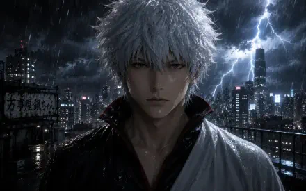 Sakata Kintoki anime portrait in a rain-soaked neon city, lightning flashing overhead, brooding gaze and wet silver hair — high-detail 4K Ultra HD PC desktop wallpaper/background.