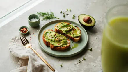 4K Ultra HD PC desktop wallpaper/background: two avocado toast slices topped with smashed avocado and herbs, a halved avocado, small bowls of seasonings and a gold fork on a light surface.