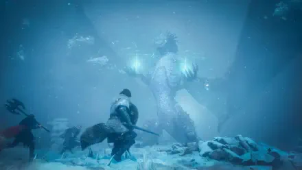 8K Ultra HD PC desktop wallpaper: Dragon's Dogma 2, Dark Arisen — an armored warrior confronts a towering ice dragon/monster amid a blue, snowy battlefield.