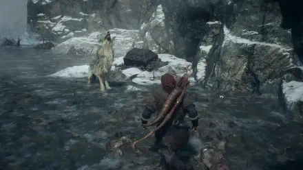 Dragon's Dogma 2: Dark Arisen 4K PC wallpaper — player approaches a wolf in a snowy rocky pass, tense dark-fantasy video game encounter.