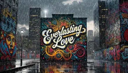 Rain-drenched cityscape with vivid graffiti mural reading Everlasting Love amid street art–covered walls and reflective pavement — 4K Ultra HD PC desktop wallpaper/background.