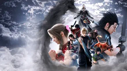4K Ultra HD PC desktop wallpaper of Final Fantasy VII Revelation from the video game Final Fantasy, featuring Cloud Strife leading a group of characters beneath a stormy, dramatic sky.