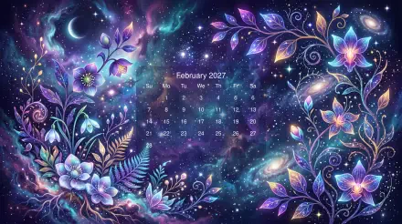 5K Ultra HD PC desktop wallpaper: abstract cosmic floral scene with purple and blue blossoms surrounding a February 2027 calendar.