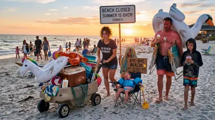 End-of-summer beach scene: family at sunset with a wagon of toys and a Beach closed — summer is over! sign. 5K Ultra HD PC desktop wallpaper background.