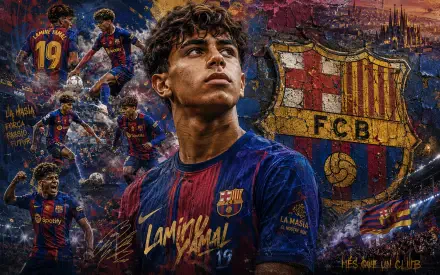 4K Ultra HD desktop wallpaper of an unidentified young FC Barcelona soccer player in club kit, dynamic collage with club crest, action shots and stadium sports backdrop